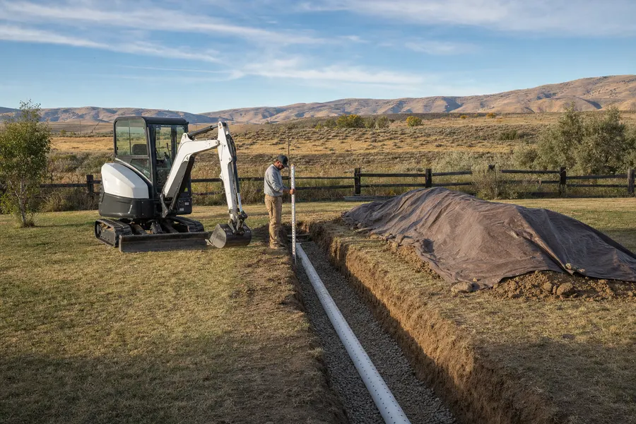 Open drain field trench with washed gravel and perforated pipe on a Bannock County acreage
