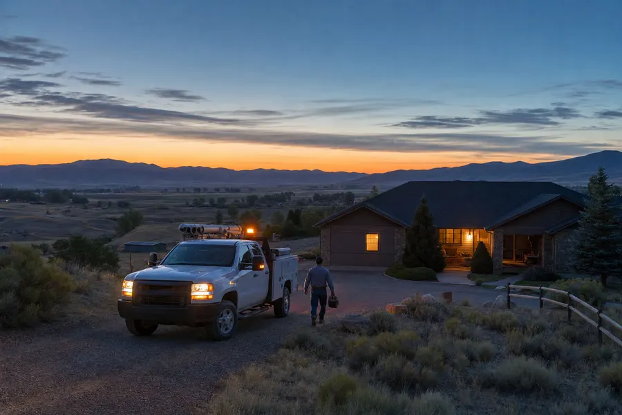 Pump truck arriving at a Pocatello home at dusk