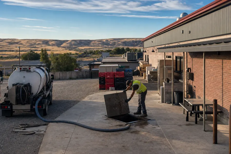 Technician opening an in-ground grease interceptor behind a Pocatello restaurant